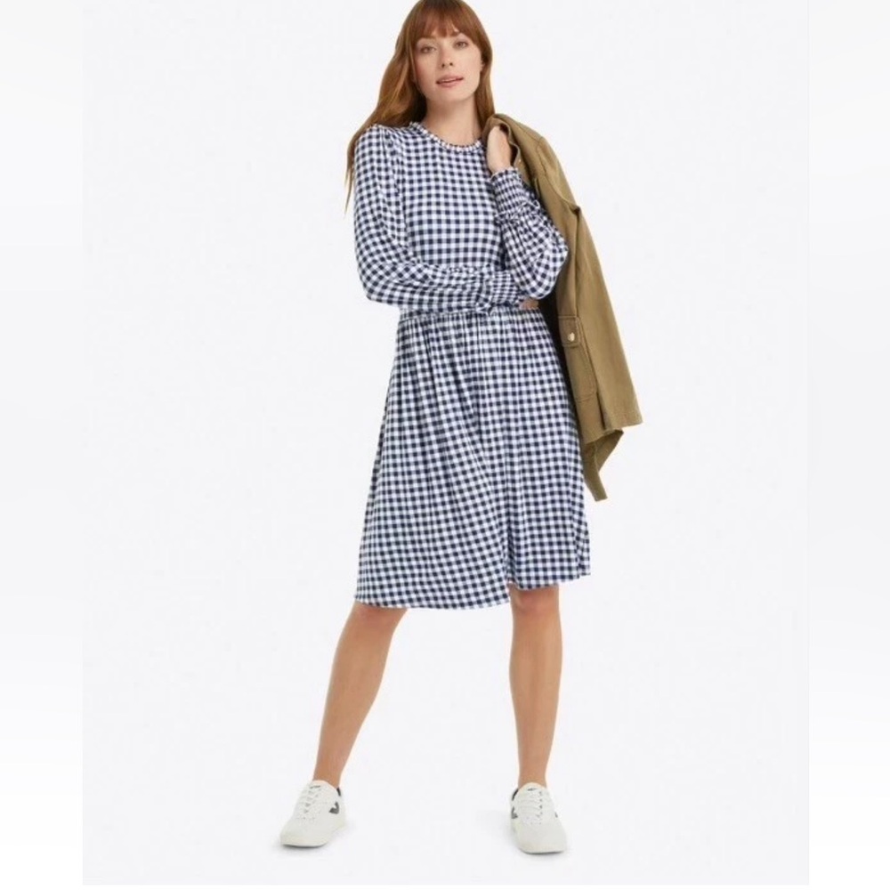 Draper James Navy Blue & White Gingham Long Sleeve Fit & Flare Kitty Dress XL
